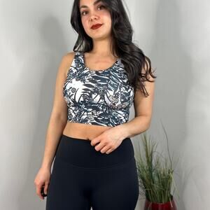 Sweaty Betty Longline Sports Bra in White & Blue Floral